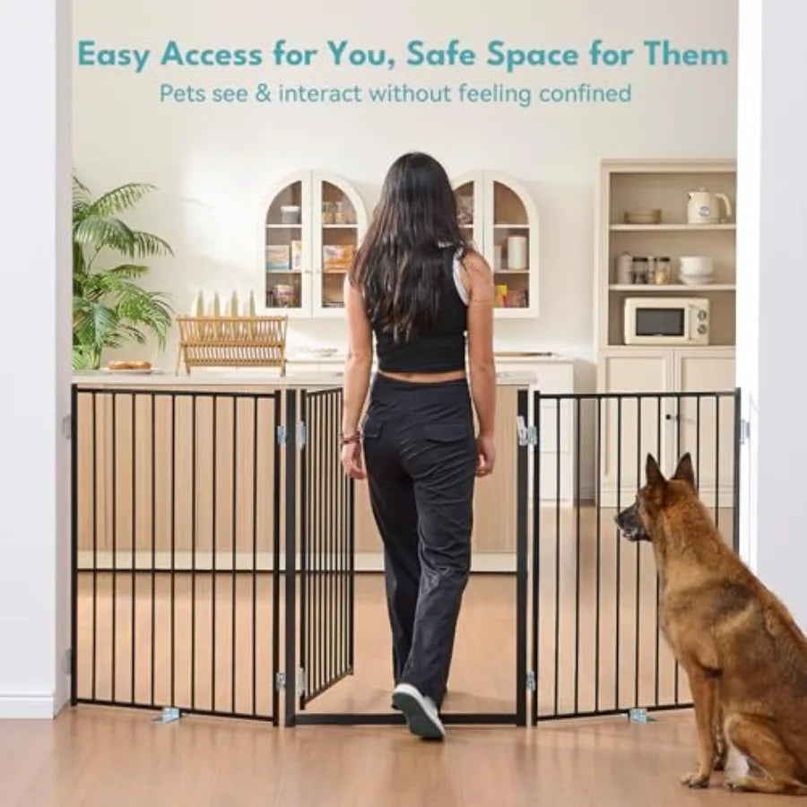 Free Standing Dog Gate with Door 36'' Tall Foldable Dog Fence for Indoor and Outdoor Up to 78 Inch Extra Wide Puppy Gate for St