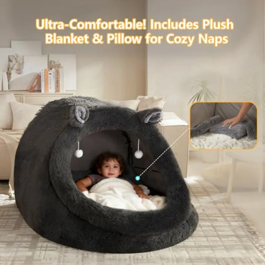 Jumbo Plush Pet Bed with Canopy - Extra Large 55x43x35 Gray Fluffy Dog Cat Bed for Humans Pets Removable Pillow Blanket Machine