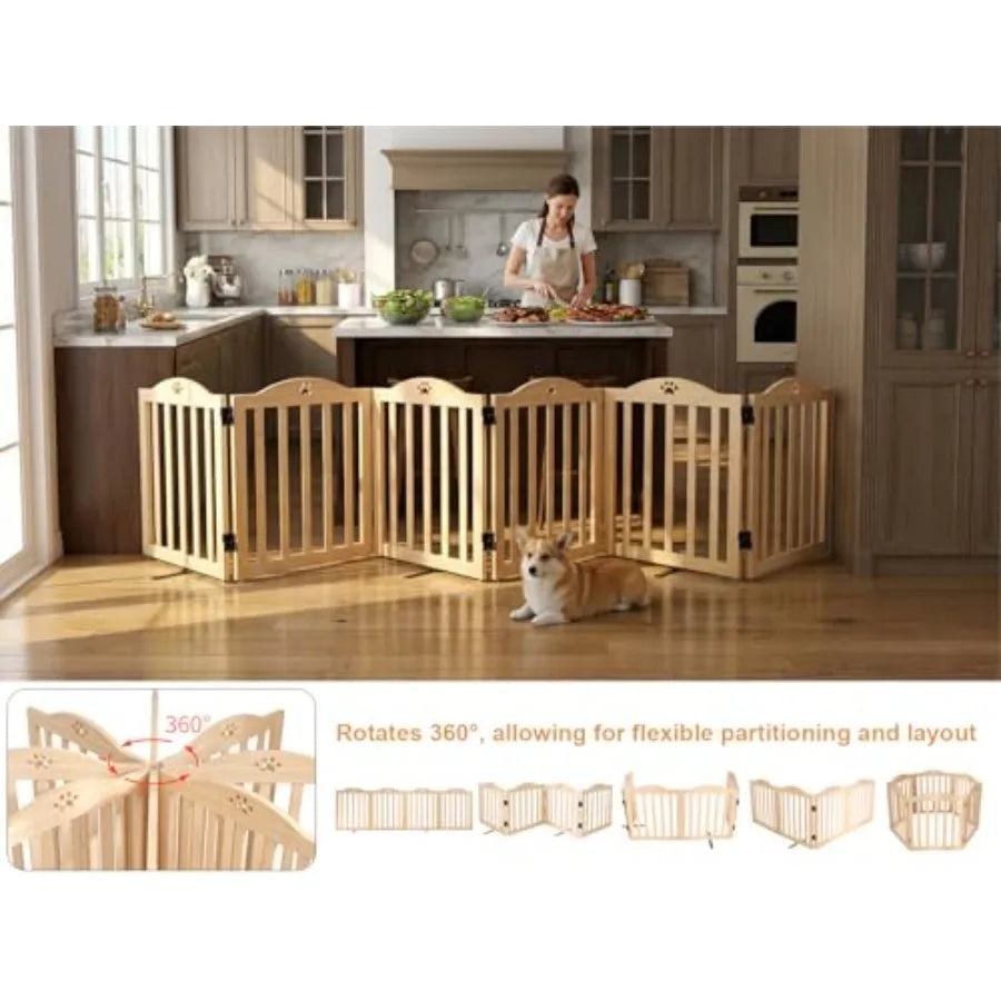 Foldable Wooden Dog Gate 23.6" Tall 6 Panels Indoor Puppy Gate Freestanding Pet Dog Fence No Assembly Portable Pet Barrier for