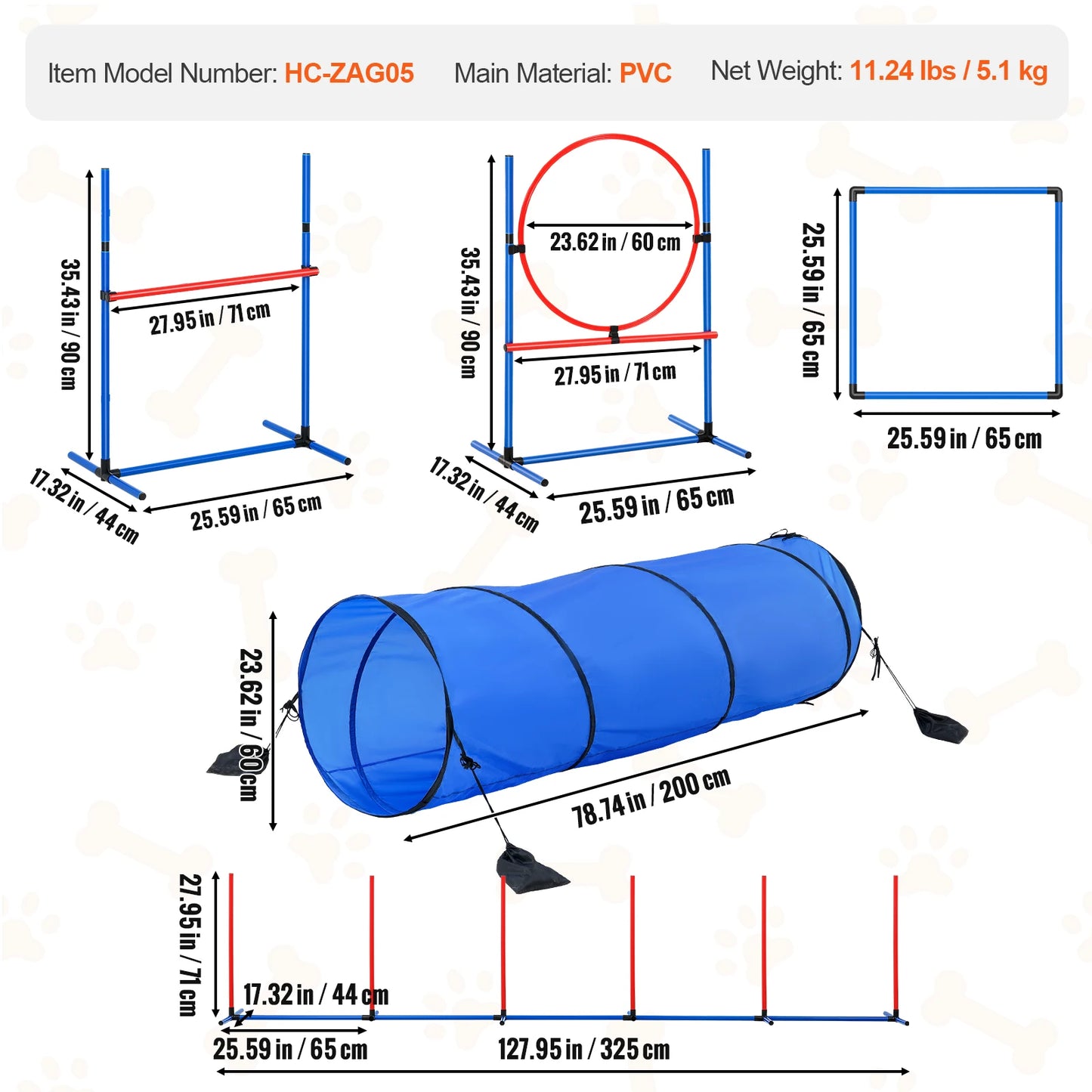 Dog Agility Training Equipment 5PCS Set Upgrade with Adjustable Hurdles Extend Tunnel Puppy Obstacle Course Kit with Bag