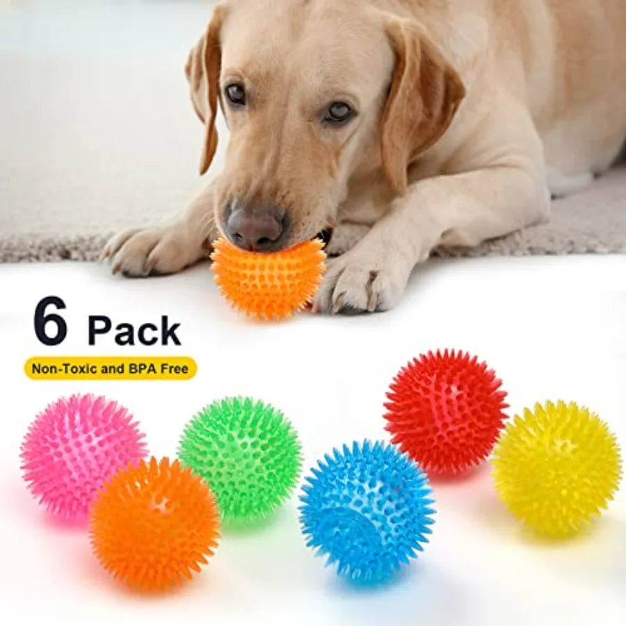 3.5" Squeaky Dog Toy Balls 6 Colors Puppy Chew Toys for Teething, BPA Free Non-Toxic, Spikey Dog Balls for Medium, Large and Sm