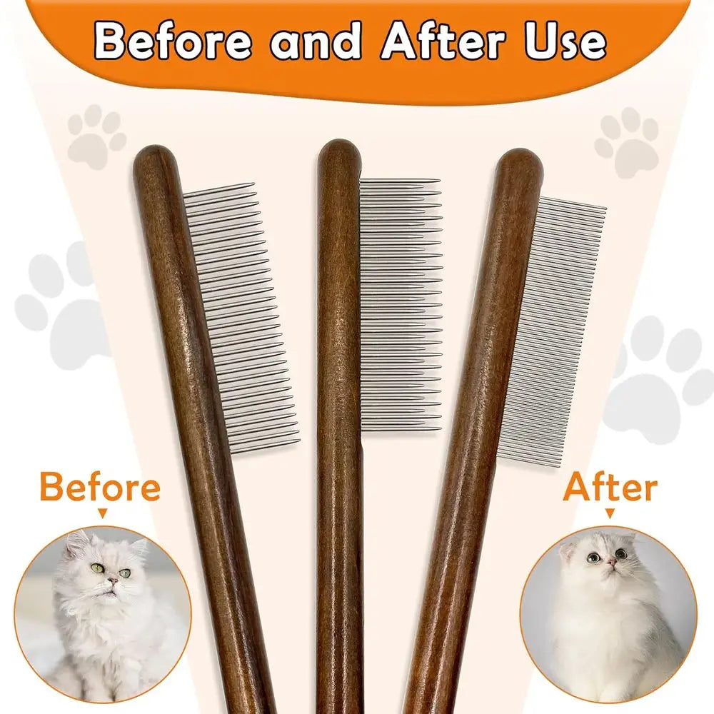 3 Pack Solid Wood Cat Combs, Stainless Steel Teeth, Removes Mats, Tangles, Loose Hair, Grooming Comb for Small Medium Pets