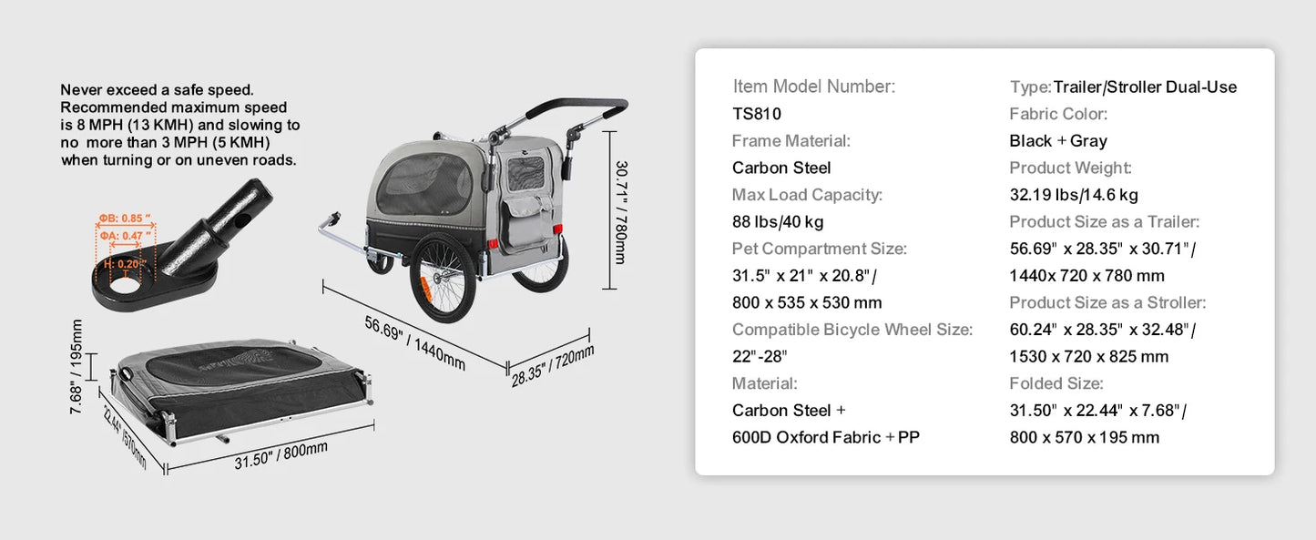 SucceBuy 88lbs 2-in-1 Pet Stroller Cart Dog Bike Trailer with Wheels Reflectors Easy Folding Cart Frame Bicycle Coupler Carrier
