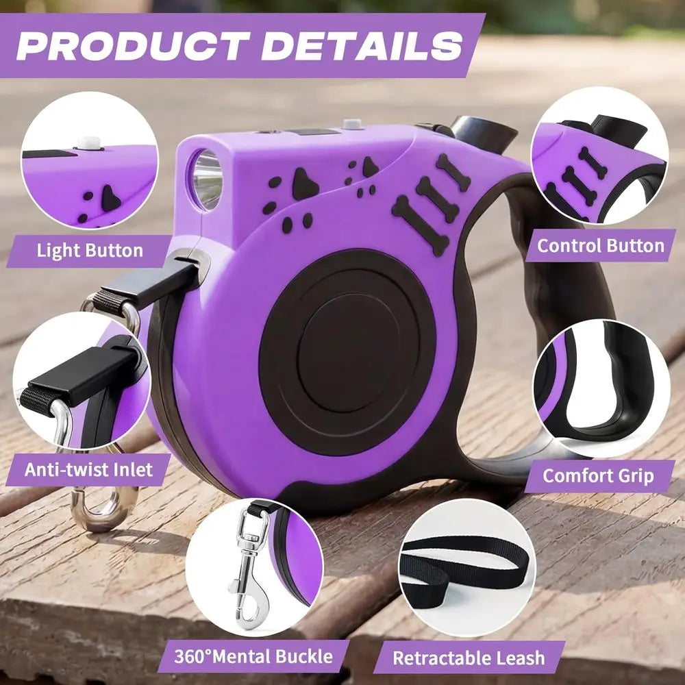 Retractable Dog Leash with USB Rechargeable Flashlight for Night Walks, 16ft Automatic Tractor Leash for Small and Medium Dogs