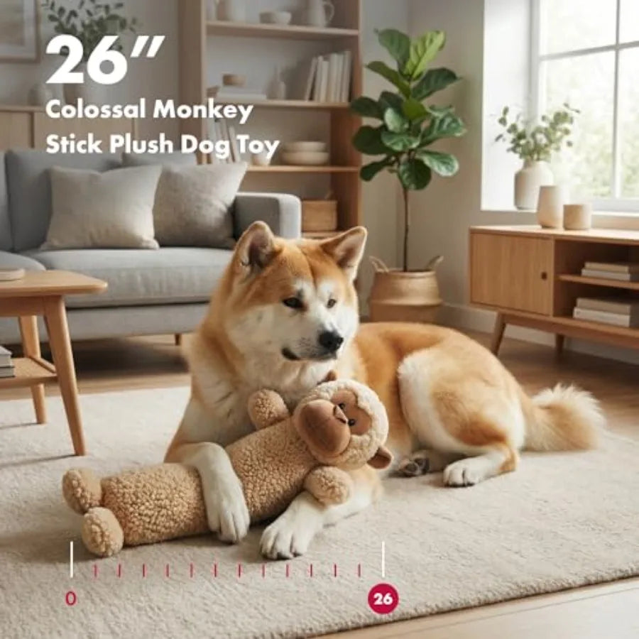 26 Inch Colossal Monkey Stick Plush Dog Chew Toy with Grunter and Squeakers Durable Fleece Interactive Dog Toy for Fetch Tug an