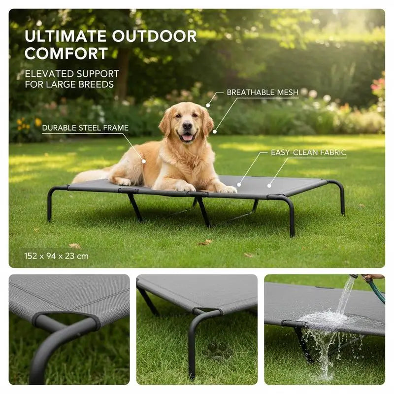 Outdoor Dog Bed, Elevated Dog Bed for Large Dogs, with Washable Mesh Steel Frame, Dimensions: 152 X 94 X 23 Cm, Grey.