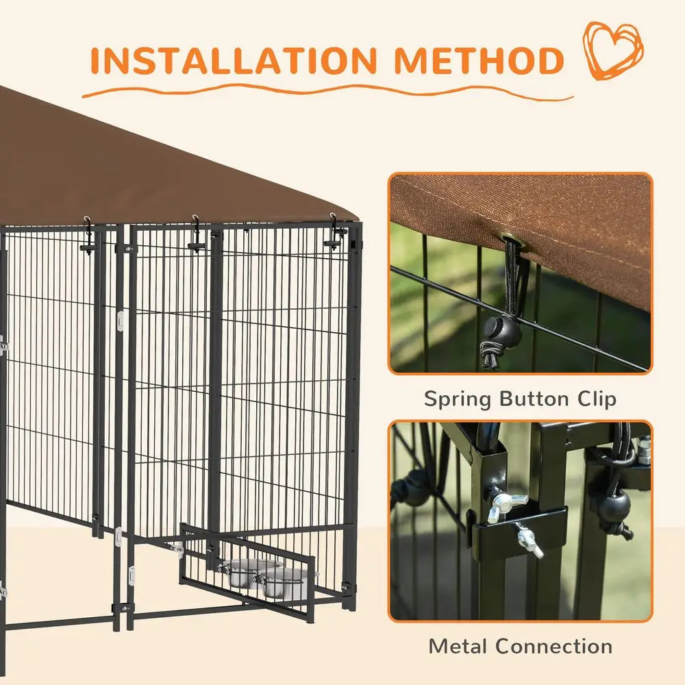 Outside Dog Kennel, 7 x 7 x 5 Puppy Play Pen with Canopy, Garden Playpen Fence Crate Enclosure Cage Rotating Bowl, for Dogs,