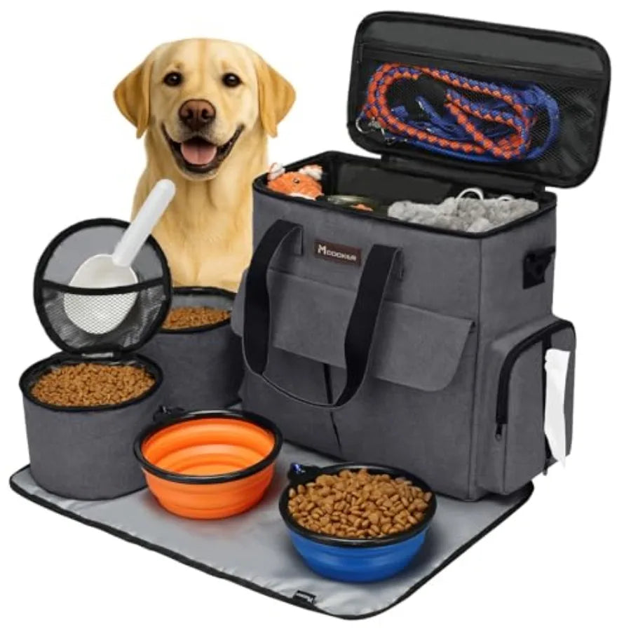 Dog Travel Bag, Weekend Pet Travel Set for Dog and Cat, Airline Approved Tote Organizer with Multi-Function Pockets, 2 Food Sto