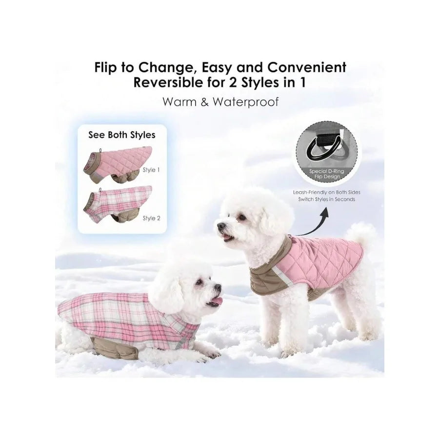 Quilted Dog Winter Coat, Plaid Lined Reversible Vest, Reflective Safety Strip, Cold Weather Pet Apparel Pink MChrist