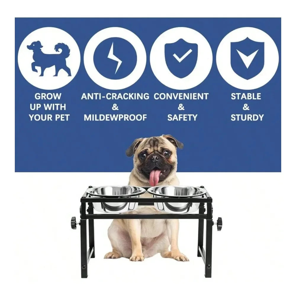 Raised Pet Feeder With 2 Stainless Steel Bowls For Dogs - Height Adjustable