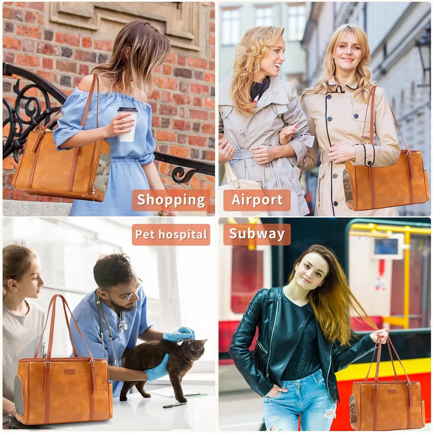 Fashion Dog Purse Pet Carrier Leather Bag for Small Dogs Cats Puppy, Airline Approved Soft-Sided Tote, Portable Travel