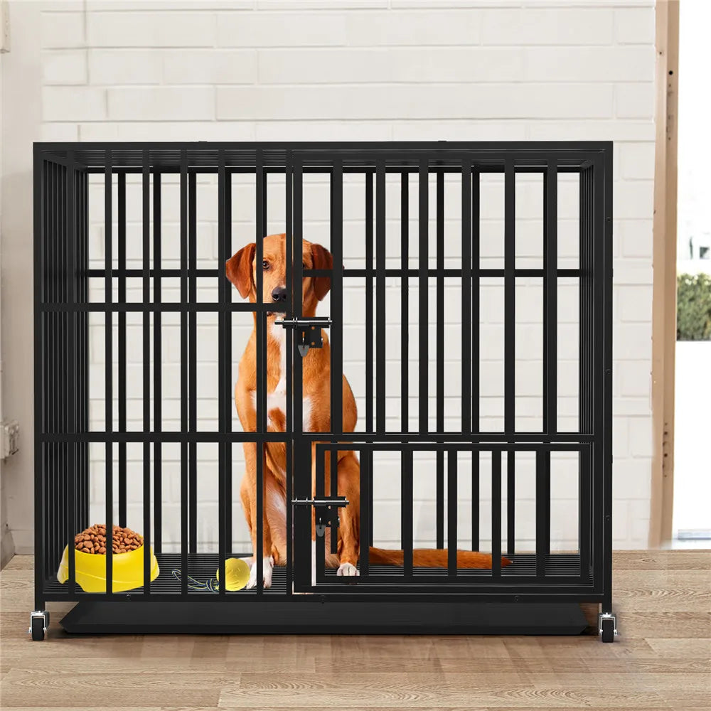 Bingopaw 37” 42” 46” Heavy Duty Dog Cage Metal Pet Dog Crate 3 Doors Locks Design Kennel with 4 Wheels Removable Tray