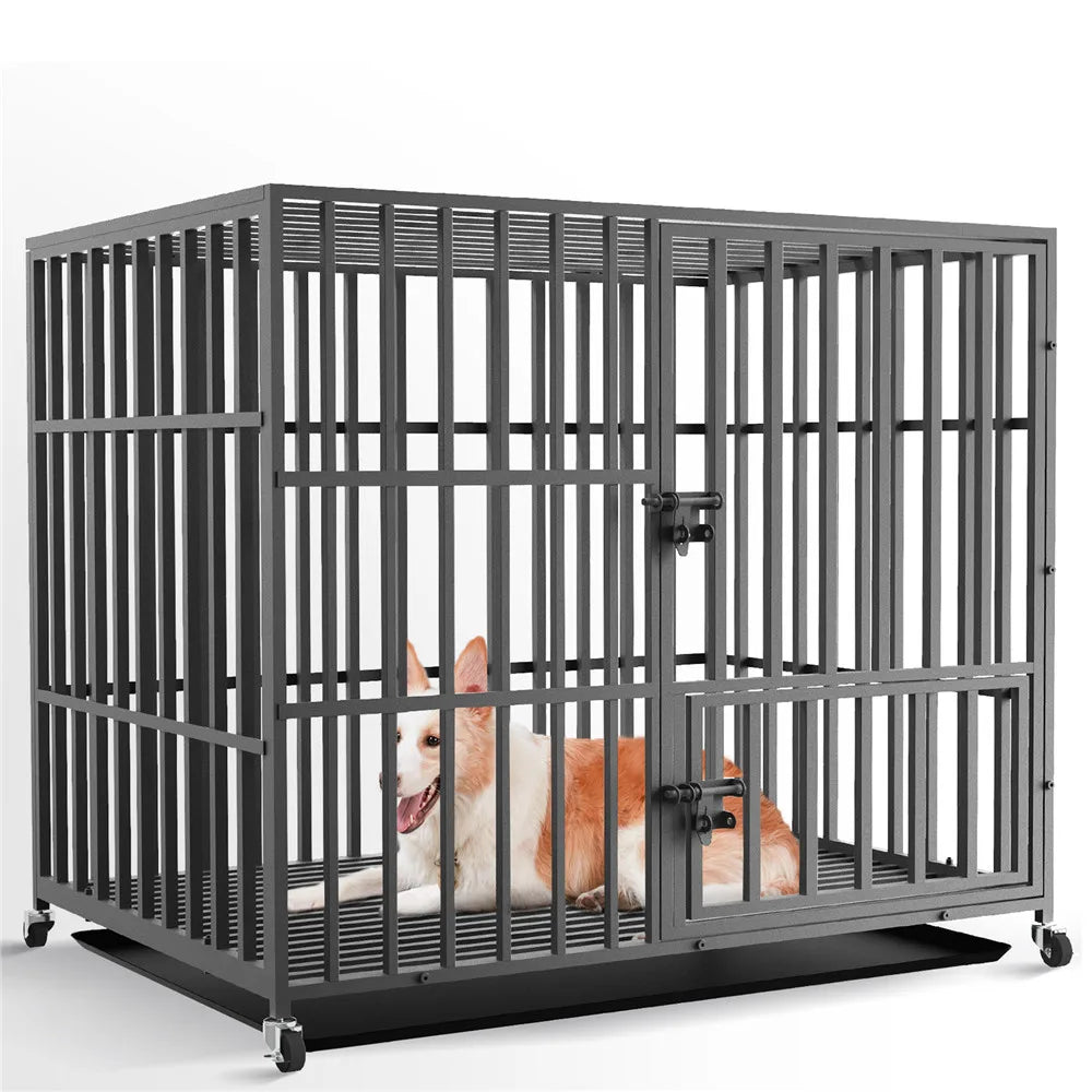 Bingopaw 37” 42” 46” Heavy Duty Dog Cage Metal Pet Dog Crate 3 Doors Locks Design Kennel with 4 Wheels Removable Tray