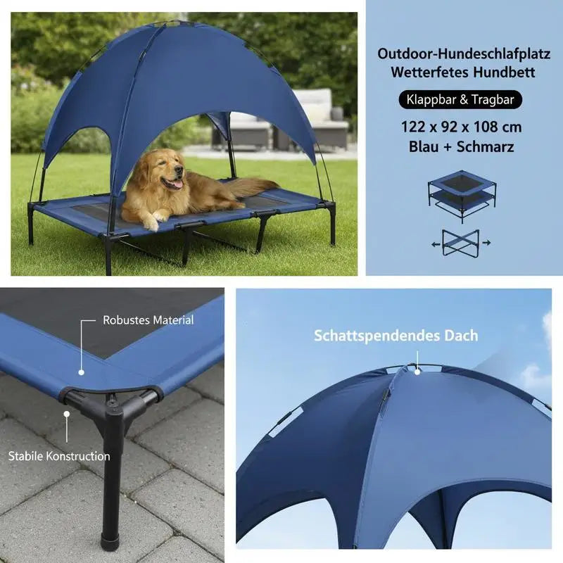 Raised Dog Bed Waterproof Elevated Pet Cot with Breathable Mesh UV Protection Canopy Blue, for XL Dogs, 122 x 92 x 108cm