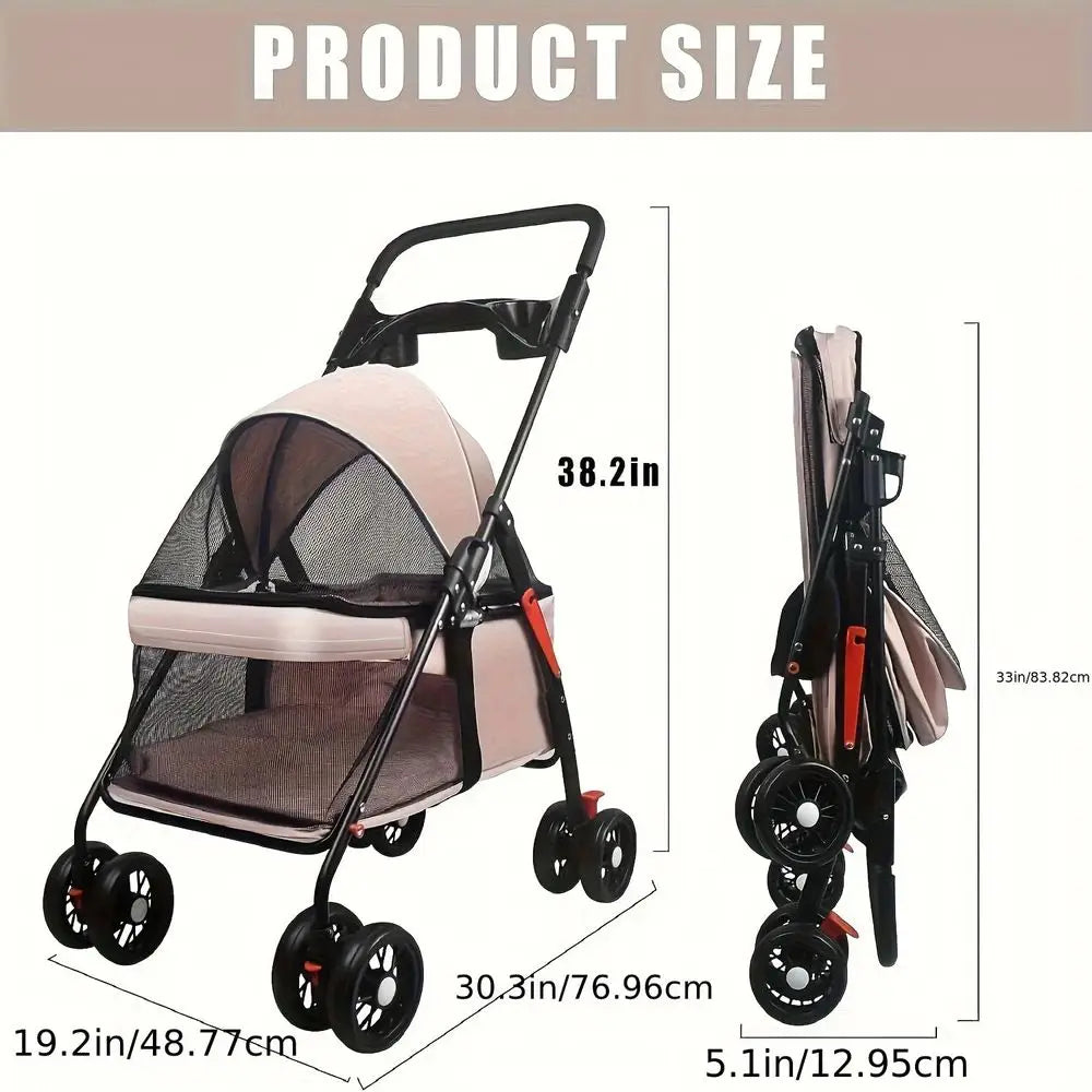 Portable Pet Stroller Suitable for Dogs Cats with Foldable Cage, Storage Basket Cup Holder HeavyDuty FourWheel Stroller, Travel