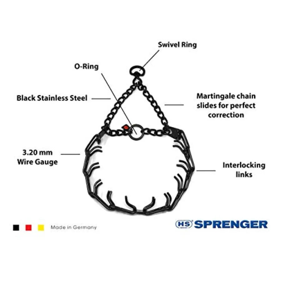 Dog training collar for anti-pull use, stainless steel prong, black color, 3.2 mm thickness, 23 in length, swivel