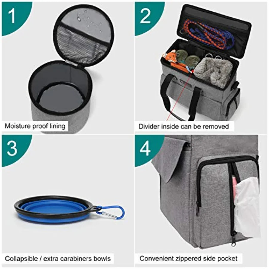 Dog Travel Bag, Weekend Pet Travel Set for Dog and Cat, Airline Approved Tote Organizer with Multi-Function Pockets, 2 Food Sto