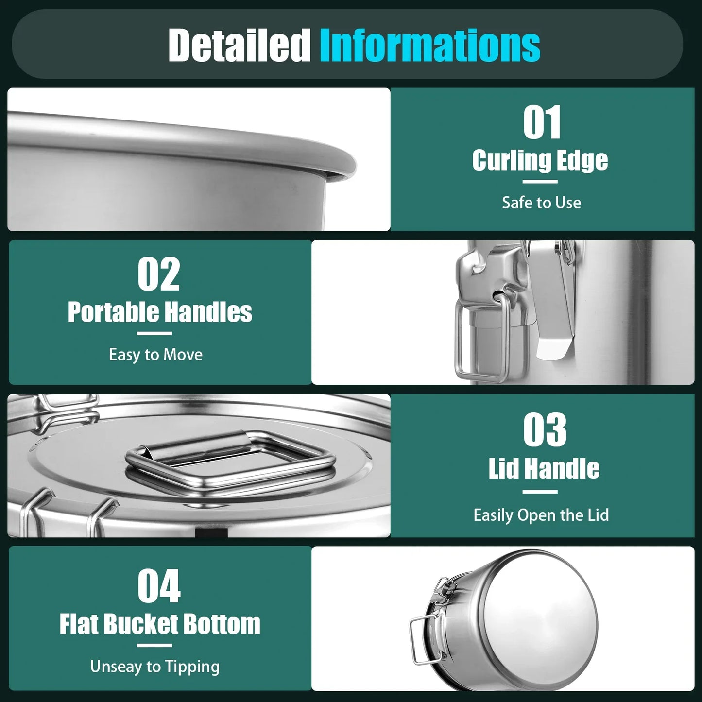 12/33L Airtight Canister 304 Stainless Steel, 3.2Gal Canisters Container w/Lids and Sturdy Locking Clamp,for Rice, Flour, Grain