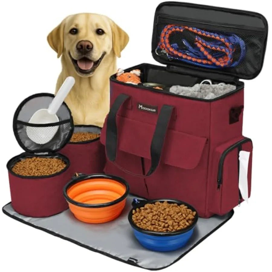 Dog Travel Bag, Weekend Pet Travel Set for Dog and Cat, Airline Approved Tote Organizer with Multi-Function Pockets, 2 Food Sto