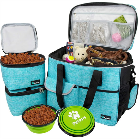 Pet Travel Bag Organizer for Dog & Cat, Large Diaper Bag with Food Container and Bowls, Perfect for Camping