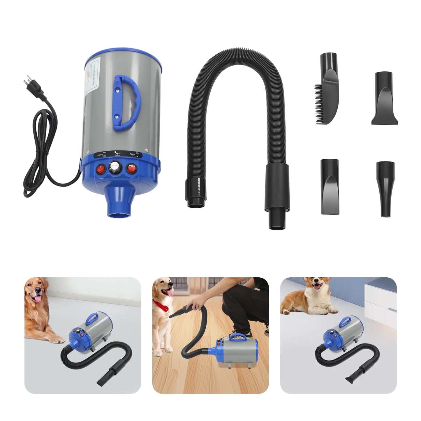 2200w Pet Hair Dryer, 55-70db Electric Dog and Cat Hair Dryer, Pet Dryer with 4 Nozzles