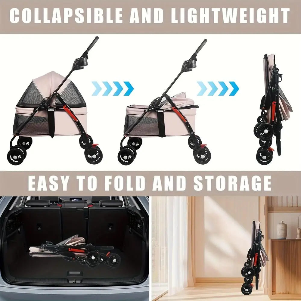 Portable Pet Stroller Suitable for Dogs Cats with Foldable Cage, Storage Basket Cup Holder HeavyDuty FourWheel Stroller, Travel