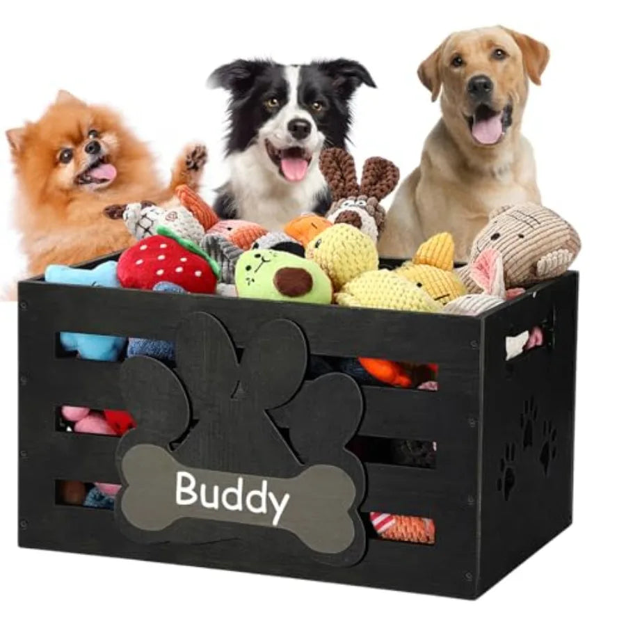 Large Dog Toy Basket Wood Dog Toy Bin Storage Baskets Box with Handles and Label Position Design Large Organizer with Paw Pattern