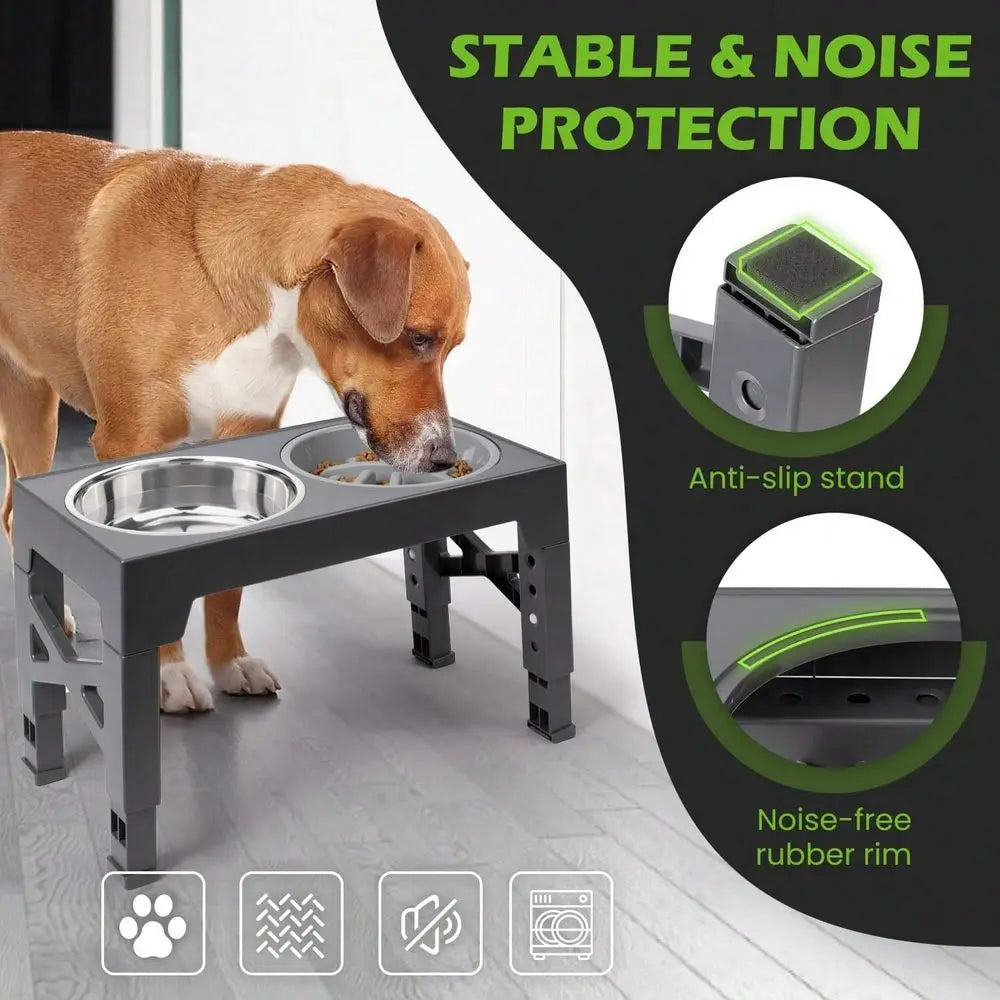 Dog Bowl Dog SuppliesDog Bowls, 5 Adjustable Heights Raised Dog Bowl Stand, With 2 Stainless Steel Dog Food Bowls And 1 Slow Fee