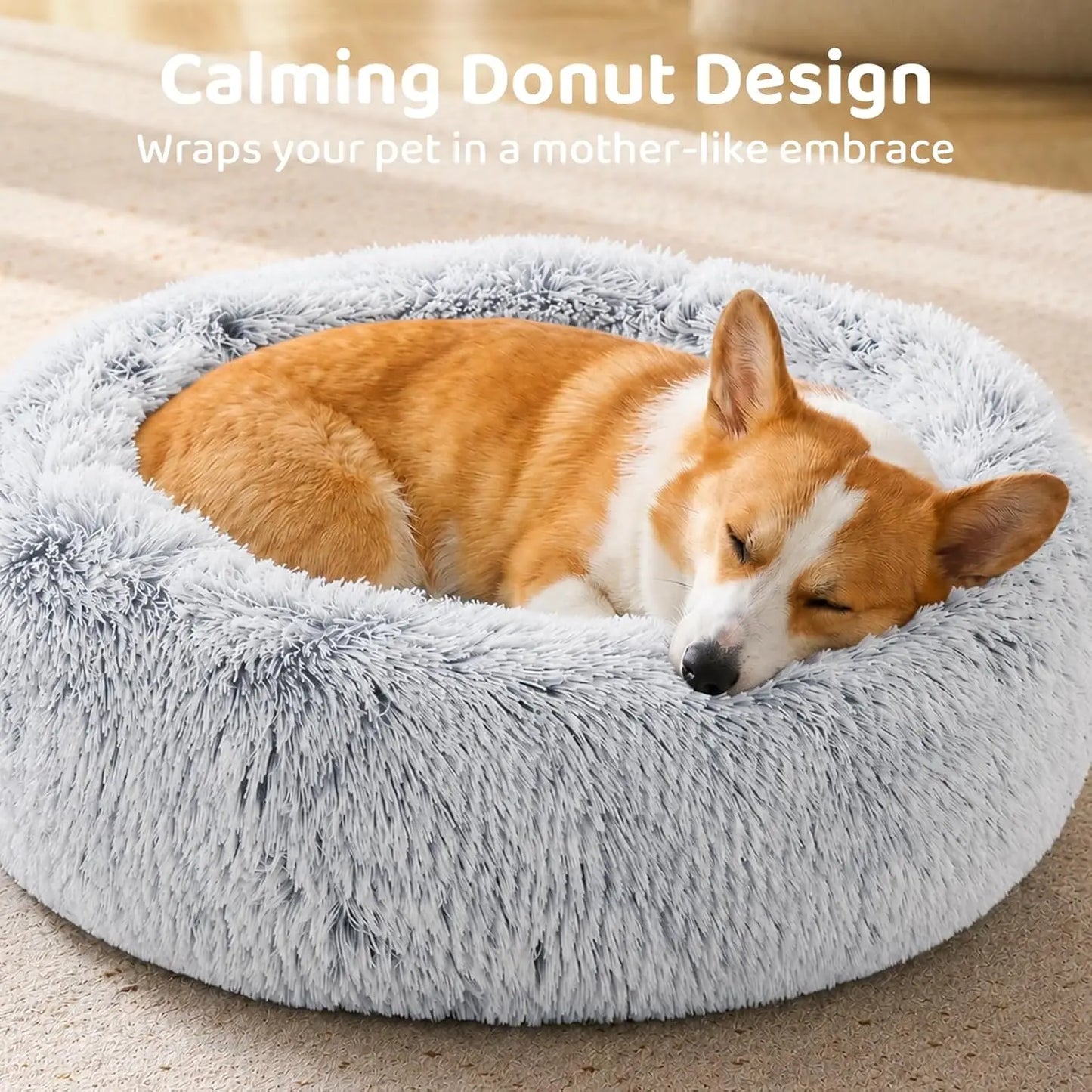 Small Dog Bed, Calming Soft Anti-Anxiety Donut Cat Bed, Washable Round Fluffy Cushion for Small and Medium Pets (20')