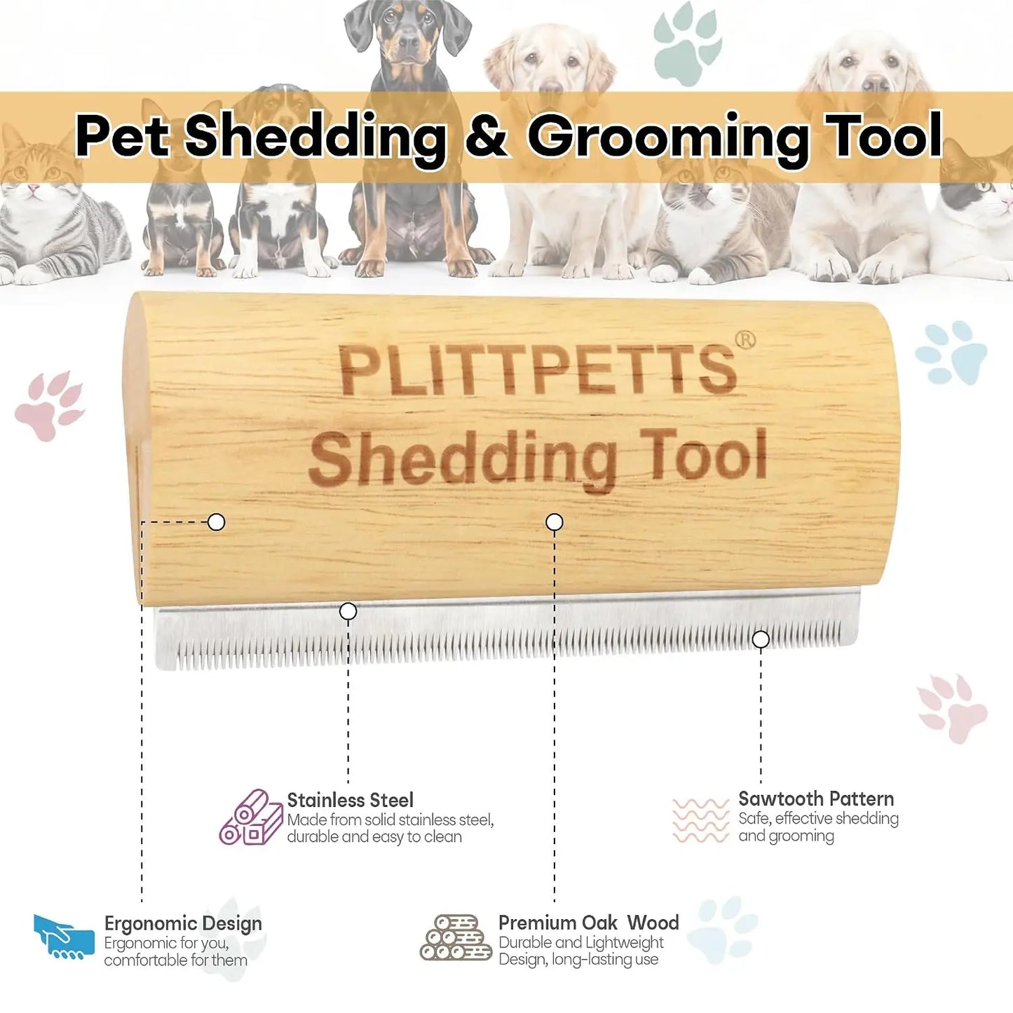 Deshedding Brush for Dogs, Cats & Horses - Painless Pet Hair Removal Tool with Ergonomic Handle