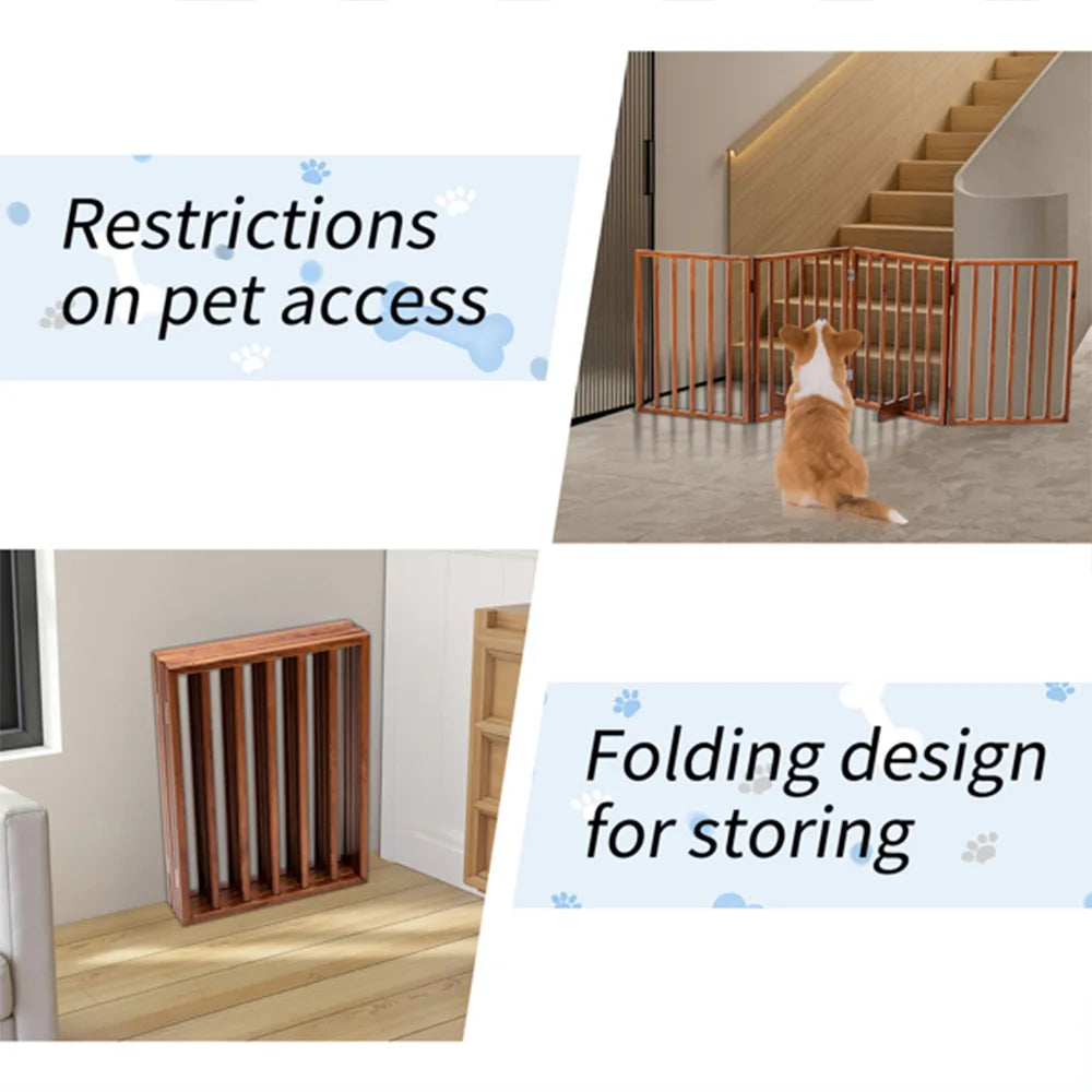 Wooden Foldable Freestanding Panel Pet Gate Dog Fence for Doorways, Stairs or House Folding Wooden Entryway Fence