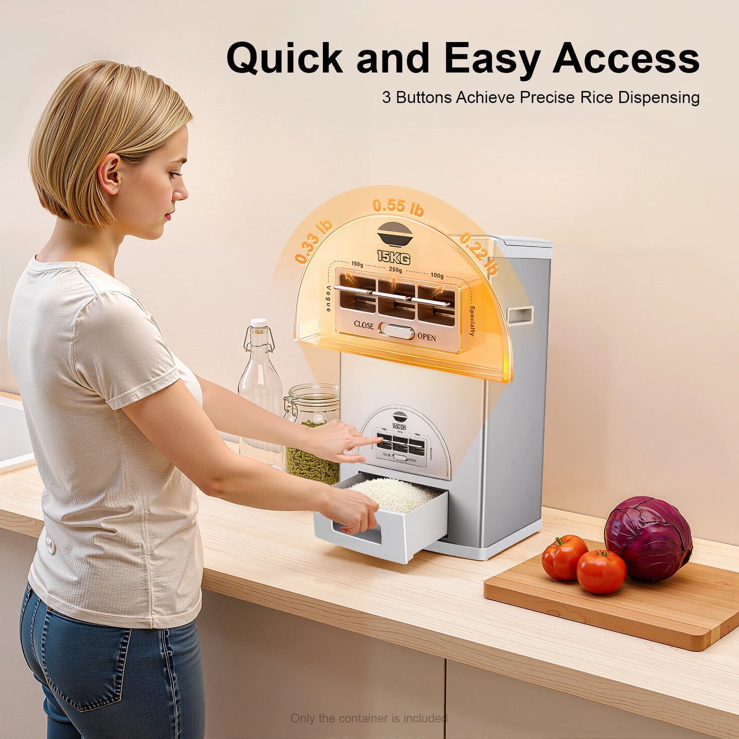 NEW Silver Rice Dispenser, Rice Storage Container, Stainless Steel Rice Container 15kg/33 Lbs Capacity for Homes