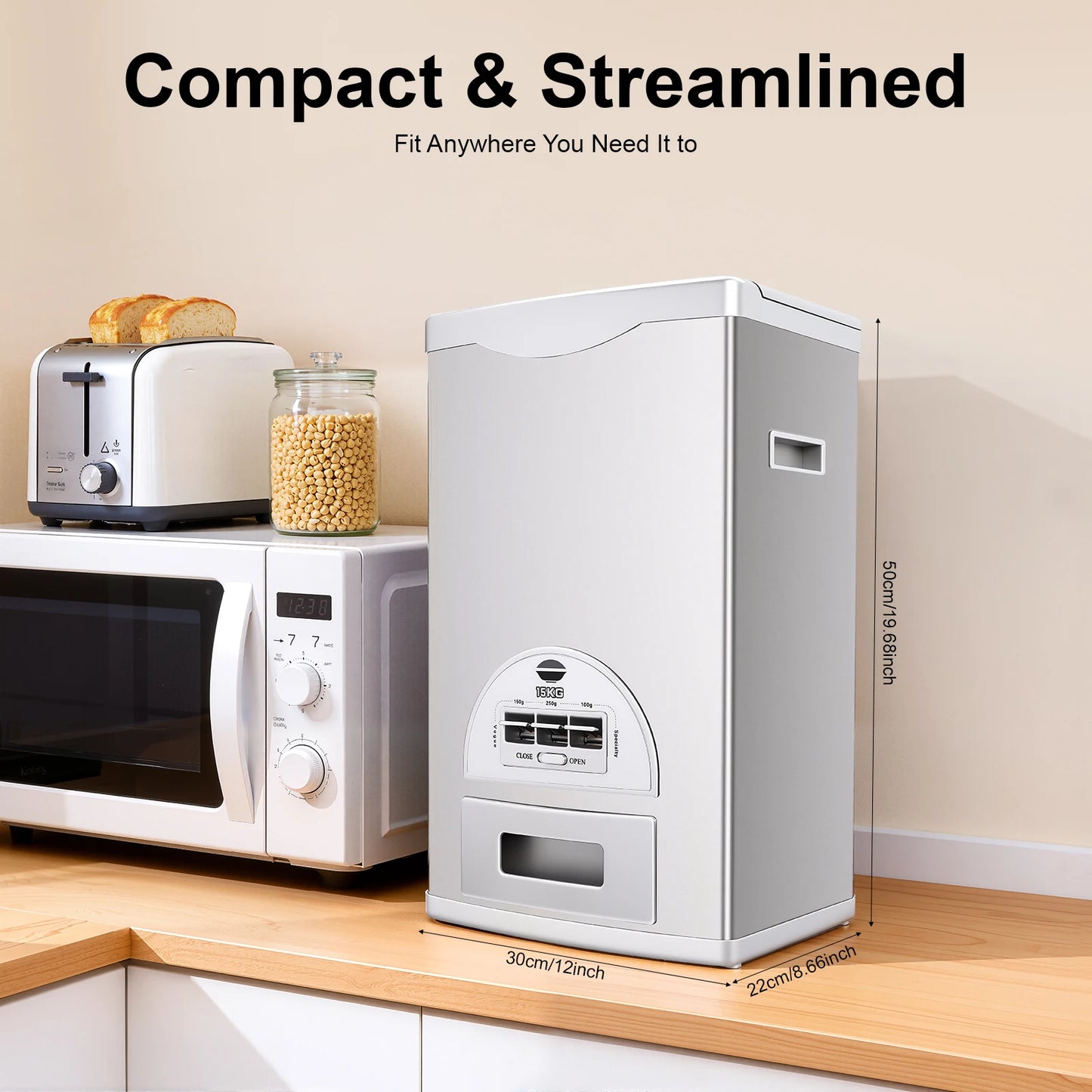 NEW Silver Rice Dispenser, Rice Storage Container, Stainless Steel Rice Container 15kg/33 Lbs Capacity for Homes