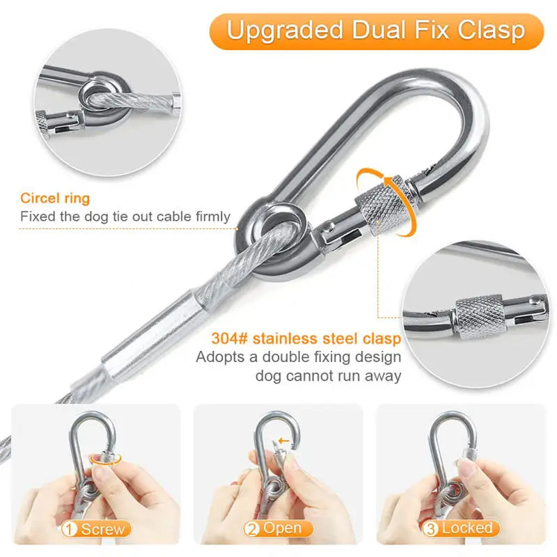 Double-headed Dog Tie Out Cable Leash ,traction rope with metal buckle steel wire anti-rust training collar, Outdoor Dogs Strap