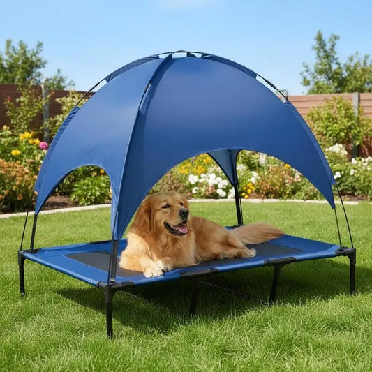 Raised Dog Bed Waterproof Elevated Pet Cot with Breathable Mesh UV Protection Canopy Blue, for XL Dogs, 122 x 92 x 108cm