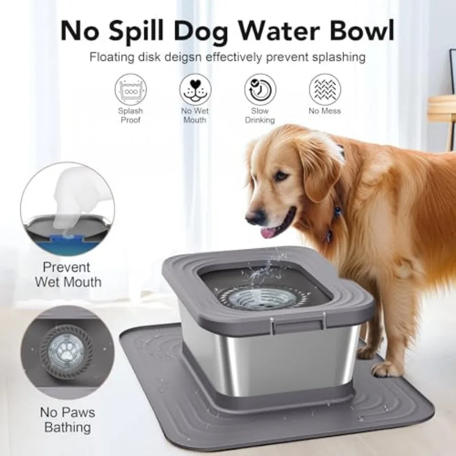 10L Stainless Steel Dog Water Bowl No Spill Anti-Splash Dog Bowls with XXL Silicone Mat Spill-Proof Slow Feeder for Messy Drinker