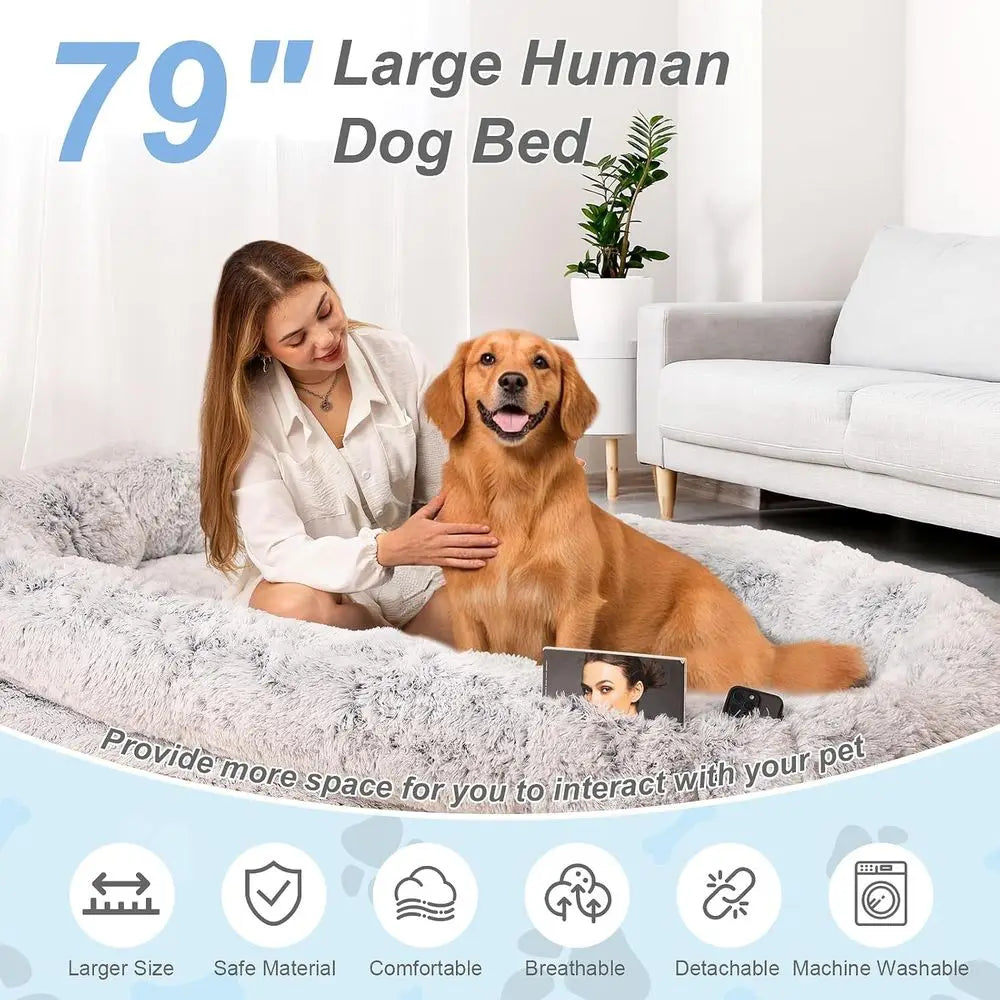 Large Orthopedic Dog Bed - XL 79x44x12.5 Faux Fur, Removable Washable Cover, Grey