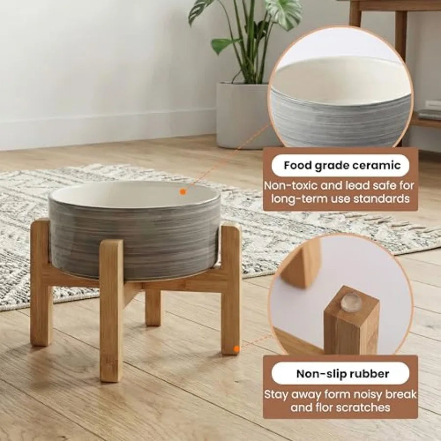 Elevated Ceramic Dog Bowl with Bamboo Stand Raised Pet Feeding Station for Small Medium Dogs Cats Modern Design with Anti-Slip