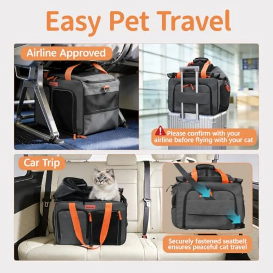 Cat Pet Carrier Soft Sided Bag Airline Approved Foldable Travel Large Carrier for Small Kittens Medium Cats Up to 13 Lbs Expandable