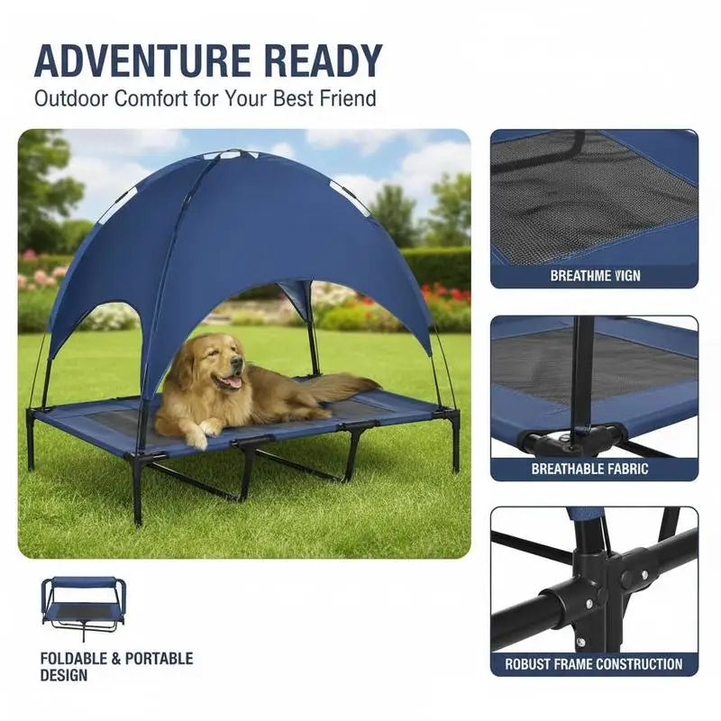 Raised Dog Bed Waterproof Elevated Pet Cot with Breathable Mesh UV Protection Canopy Blue, for XL Dogs, 122 x 92 x 108cm