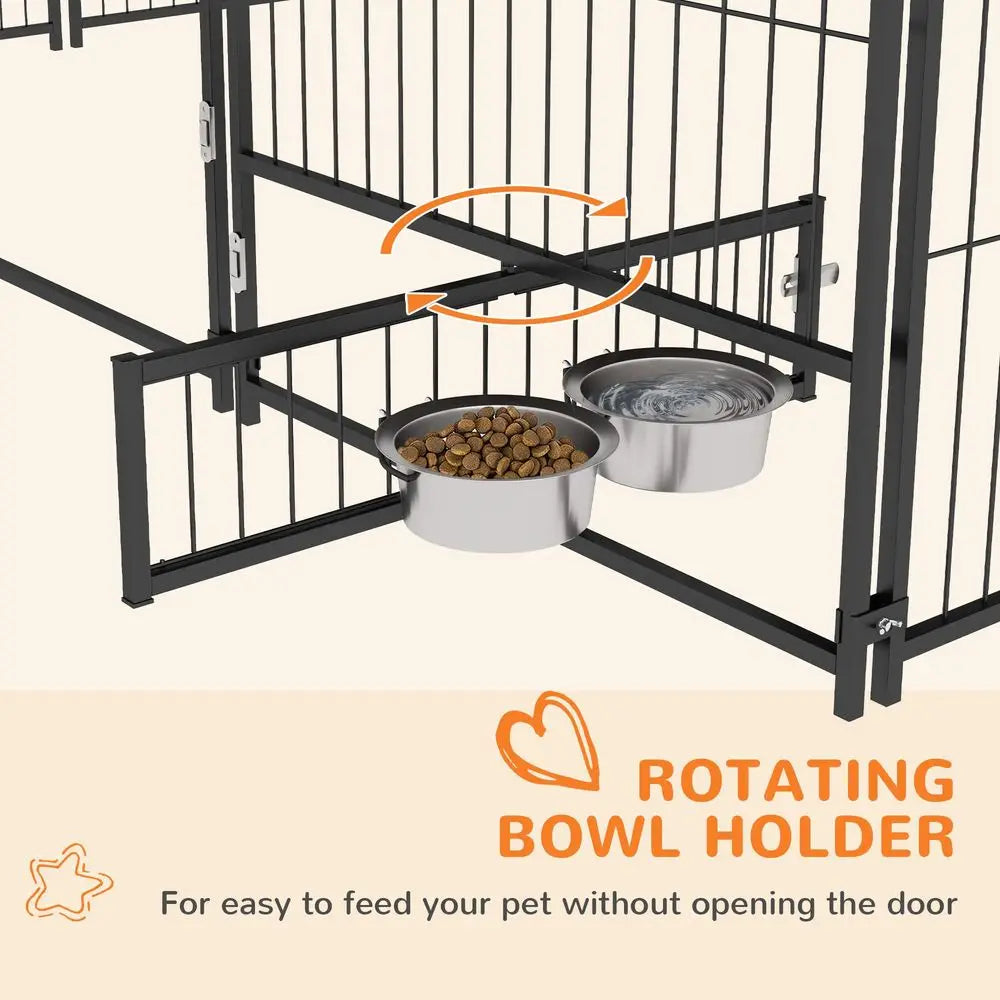 Outside Dog Kennel, 7 x 7 x 5 Puppy Play Pen with Canopy, Garden Playpen Fence Crate Enclosure Cage Rotating Bowl, for Dogs,