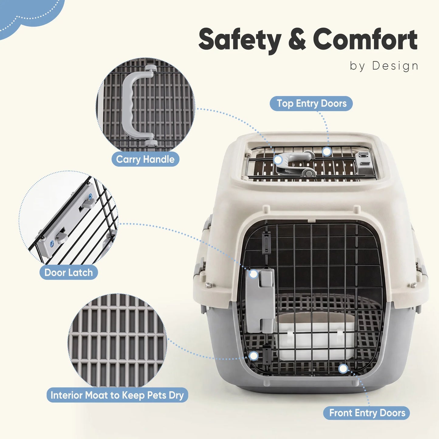JHK 23 Inch Pet Carrier for Small Dogs Cats  Front Top Load Wire Door Food Bowl Travel Crate with Enhanced Security Latches