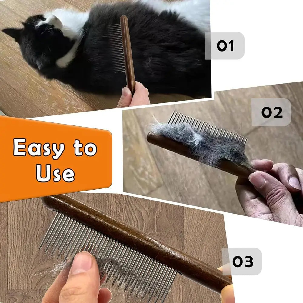 3 Pack Solid Wood Cat Combs, Stainless Steel Teeth, Removes Mats, Tangles, Loose Hair, Grooming Comb for Small Medium Pets