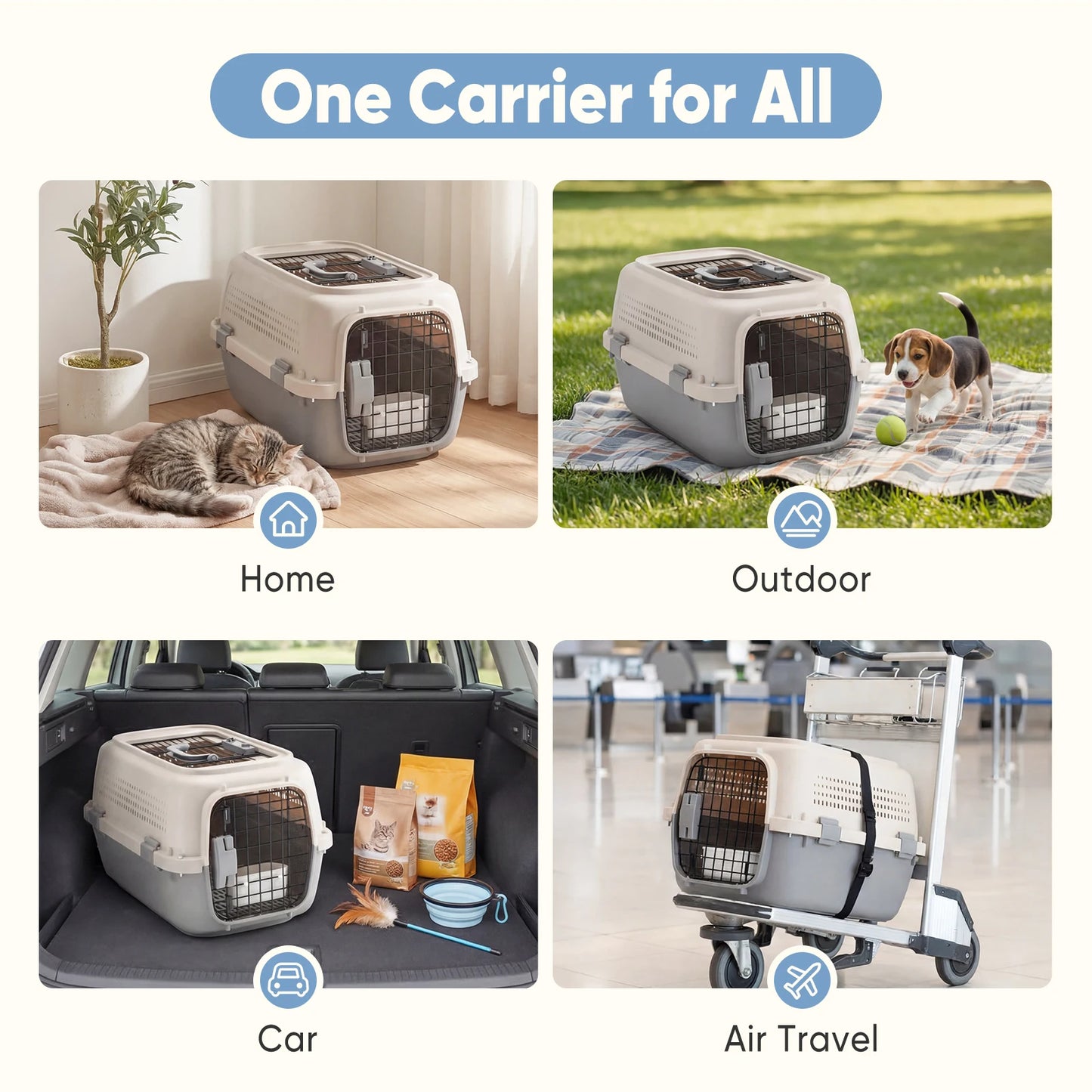 JHK 23 Inch Pet Carrier for Small Dogs Cats  Front Top Load Wire Door Food Bowl Travel Crate with Enhanced Security Latches