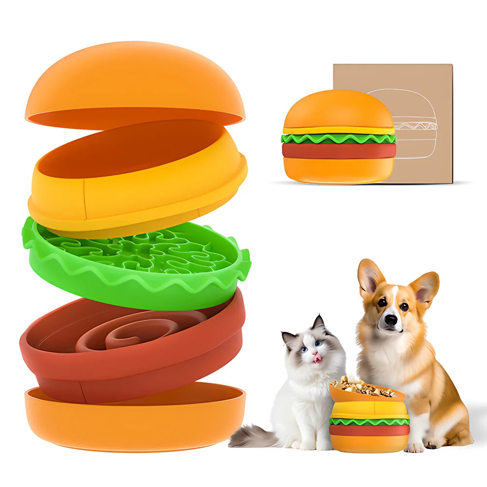 5-in-1 Burger Pet Bowls Set - Tilted Bowl, Elevated Bowl, Slow Feeder, Lick Mat, Non-slip Bowl for Dog/Cat Small to Medium Pets