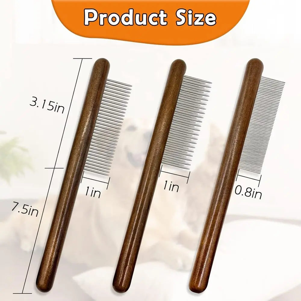 3 Pack Solid Wood Cat Combs, Stainless Steel Teeth, Removes Mats, Tangles, Loose Hair, Grooming Comb for Small Medium Pets