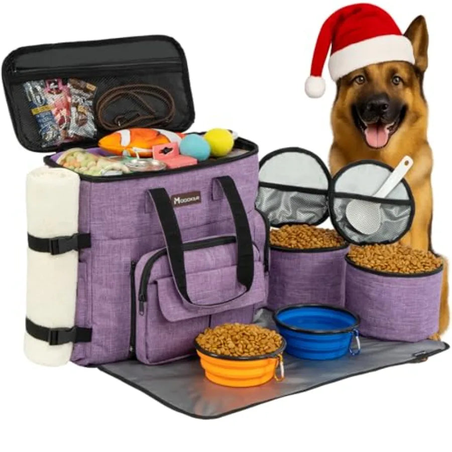 Dog Travel Bag, Weekend Pet Travel Set for Dog and Cat, Airline Approved Tote Organizer with Multi-Function Pockets, 2 Food Sto