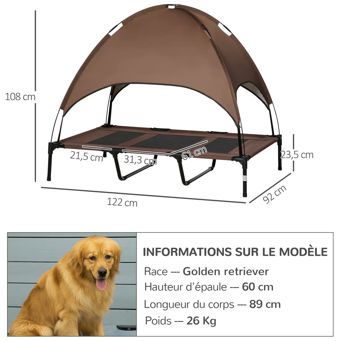 Raised Dog Bed Waterproof Elevated Pet Cot with Breathable Mesh UV Protection Canopy Brown, for XL Dogs, 122 x 92 x 108cm