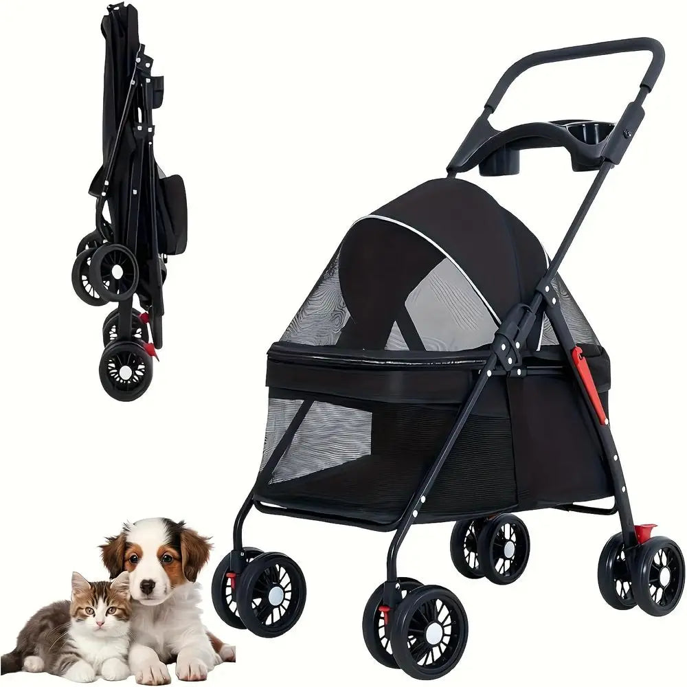 Portable Pet Stroller Suitable for Dogs Cats with Foldable Cage, Storage Basket Cup Holder HeavyDuty FourWheel Stroller, Travel