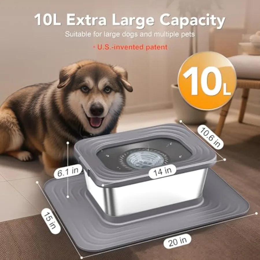 10L Stainless Steel Dog Water Bowl No Spill Anti-Splash Dog Bowls with XXL Silicone Mat Spill-Proof Slow Feeder for Messy Drinker